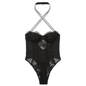 NWT Victoria’s Secret Black VERY SEXY Shine Strap Halter Lace Teddy Large Bling